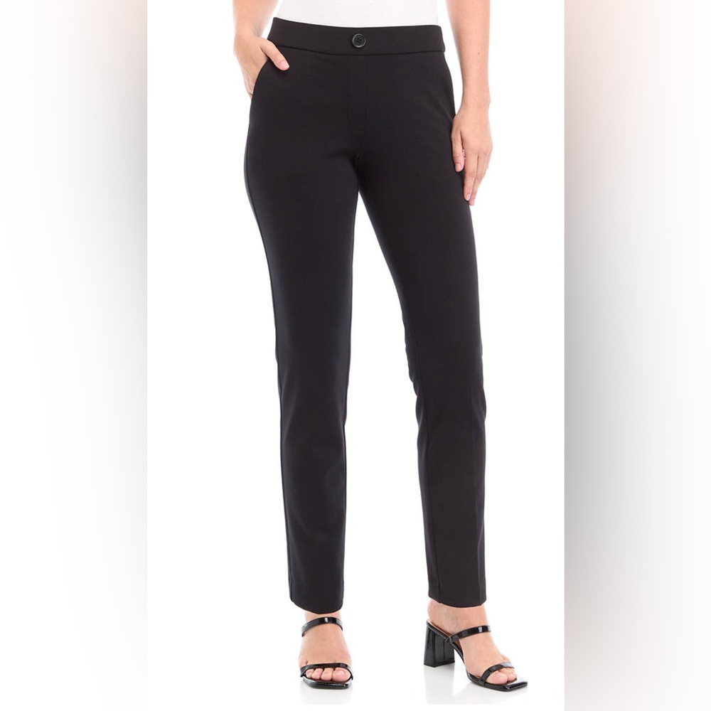 AK Anne Klein Pull On One Button Faux Fly Straight Leg Pants Black 1X GUC